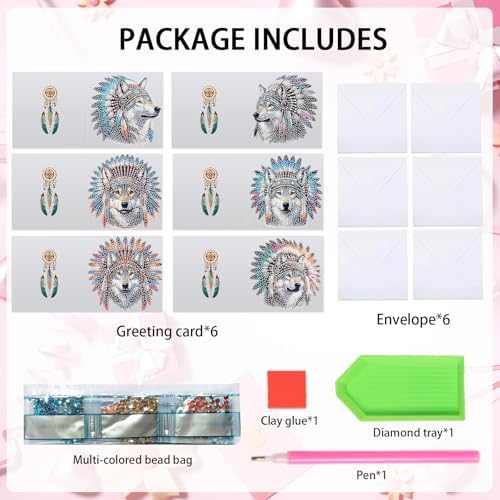 6 Pack 5D Diamond Art Greeting Cards Kit with Envelopes, Wolf with Native American Headdress Design, DIY Special Shape Diamond Painting Greeting Card for Adults, Handmade Card Craft Gift Set