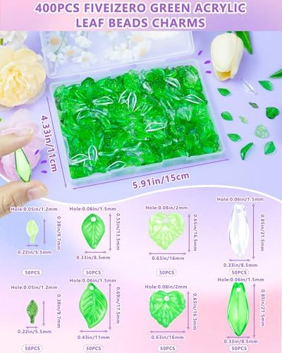 FIVEIZERO Flower Charms, 400Pcs Acrylic Green Leaf Beads for Jewelry Making