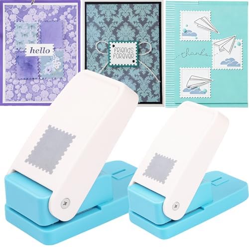 CYFUN DESIGN 2Pcs Stamp Punch, 1.5x1.25inch & 1x1inch Square Hole Puncher, Stamp Cutter Hole Punch, Tiny Envelope Paper Punch, Square Punch Craft Lever, Paper Punches for Crafting Card Making Supplies