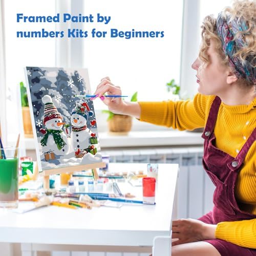 MOGTAA Christmas Paint by Numbers Kit for Adults Beginners with Frame, Snowman Adult Paint by Number Kits on Canvas with Easel, Easy DIY Winter Oil Painting Kits for Home Decor, 8x12in