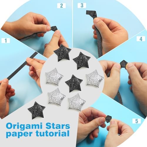 FoDau770 Glitter Star Paper Strips - 360 Sheet, Black & Silver Series