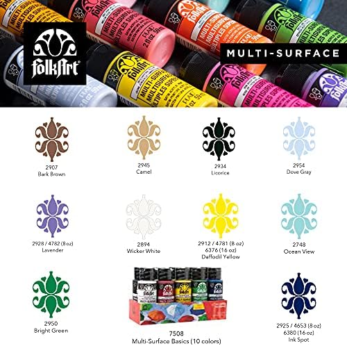 FolkArt Color, 10 Bottle Multi-Surface Acrylic Paint Set, 2oz, Basics