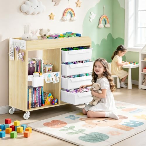 SYKIARIOL Craft Organizers and Art Supply Storage, Art Cart, Classic White | Rolling Cart with 4 Drawers & Metal Pegboard, Cute Macaron Color Magnets for Craft Room, Office, Classroom