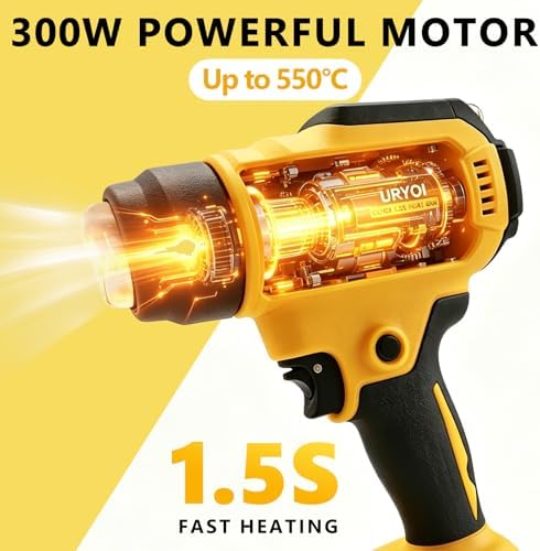 Cordless Heat Gun Compatible with Dewalt Battery, 300W High Power, with LCD Display, Adjustable Temperature 86°F~1022°F, Includes 3 Nozzles, Ideal for Shrink Tubing and Crafting (Battery Not Included)