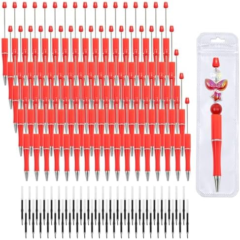 210 Pieces DIY Beadable Pen Bulk Kit – 70PCS Ballpoint Pen with Refills & Bags – Perfect for Beads Pens Supplies, Beaded Pens for DIY Crafting – Office Supplies & Teacher Accessories (Red)