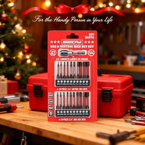 21-Piece 2.5" Hex Head Allen Wrench Drill Bit Set, 1/4" Hex Screwdriver Bits Set with Durable Magnetic Impact Bit Holder, SAE & Metric Allen Key, S2 Steel, Mechanic Home Repair