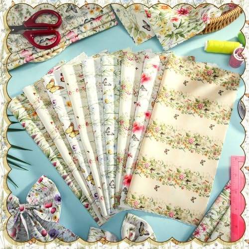 HunnmingRe 20 Pcs 10''x10'' Yellow Wildflower Quilting Fabric Square Romantic Wildflower Butterfly Quilted Fabric Bundle Spring Floral Precut Printed Patchwork Supplies for Summer DIY Sewing Craft