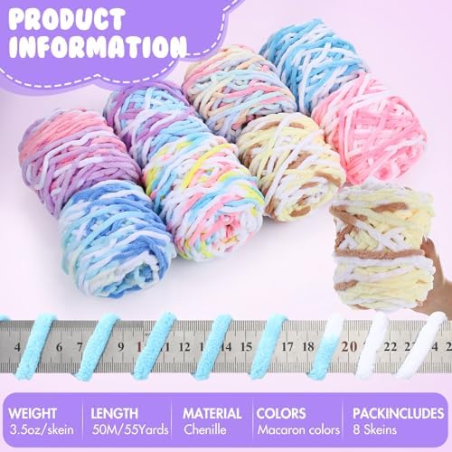Buryeah Chunky Chenille Yarn for Crocheting(Macaron Colors, 8 Pack)