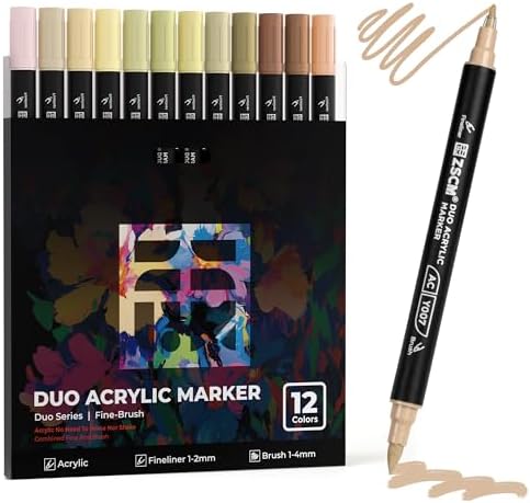 ZSCM 12 Skin Tone Acrylic Paint Markers, Dual Fine & Brush Tip Acrylic Pen