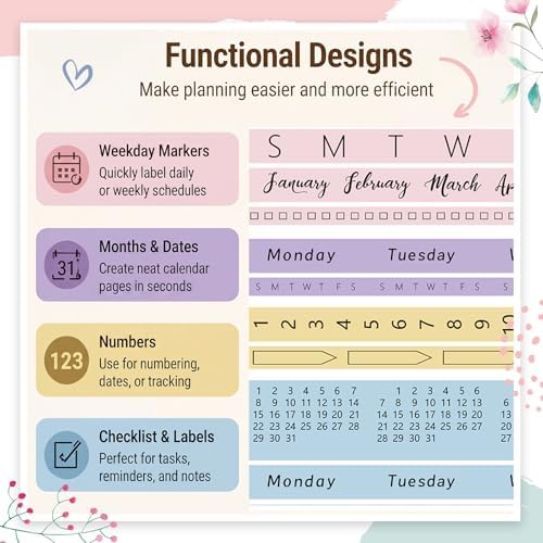 Chuangdi 9 Rolls Calendar Washi Tape Set,Pink, Purple, Yellow, Blue | Vintage Day Week Month Date Number Calendar Washi for Journaling, Planner Decoration, Journal Labels, Arts Crafts