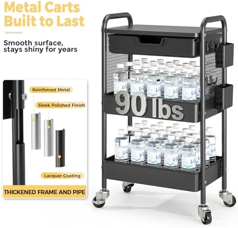 KINGBOARD 3 Tier Metal Rolling Cart with Drawer, Black Utility Storage Cart | 2 Cups & 4 Hooks, Lockable Wheels, Trolley Organizer for Bathroom, Kitchen, Office, Nursery, Dorm, Laundry, Craft Room