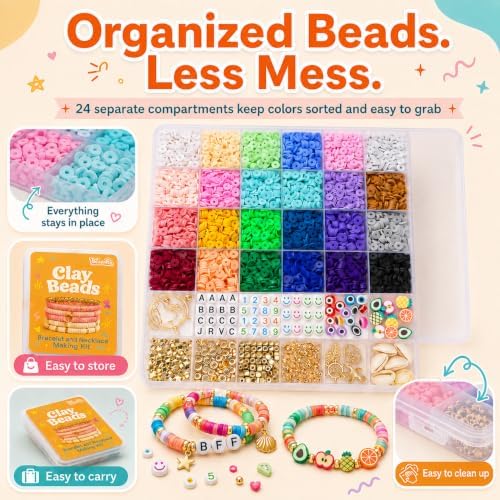 7500+Clay Beads Bracelet Making Kit for Girls- 24 Colors Heishi Beads with No Missing Letter Beads&Charms for DIY Friendship Bracelets and Jewelry Making kit,Arts and Crafts Gift for Teen Girls 6-12