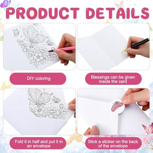 Gueevin 24pcs Butterfly Coloring Greeting Cards with Envelopes and Stickers Butterfly Color Your Own Postcards 4 x 6 Flower Thank You Note Cards for Adults Wedding Birthday Gifting DIY Crafts Mailing