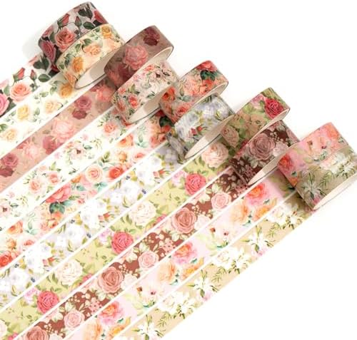 10 Rolls Blooming Flowers Washi Tape Set Floral Arts Adhesive Tapes Colorful Garden Decorative Masking Tape Sets for Craft, Kids, Scrapbook, DIY, Gift Wrapping (1-Pinky)