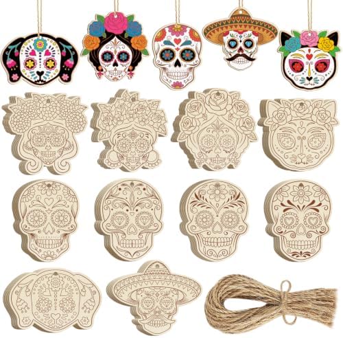80PCS Wooden Day of The Dead Skull Ornaments to Paint Dia De Los Muertos Decorations Crafts for Kids, Halloween Decorations DIY Blank Sugar Skull Unfinished Mexican Fiesta Cutouts for Party Hanging
