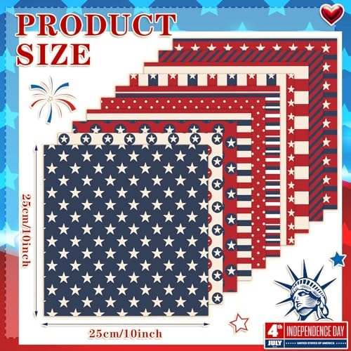 HunnmingRe 20 Pcs 10x10'' Patriotic Quilting Fabric Square Red White Blue Precut Fabric Bundle 4th of July USA Flag Star Patchwork Material for Memorial Day Sewing DIY Craft 250 Anniversary Supplies