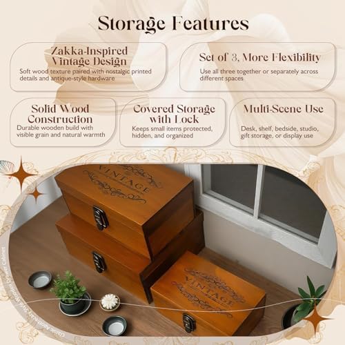 Vintage Wooden Storage Boxes Set of 3 I Zakka Style Organizer with Hinged Lids & Locks I 3 Sizes for Jewelry, Keepsakes, Letters & Desk I Stackable Rustic Wood Display Treasure Boxes for Home Decor