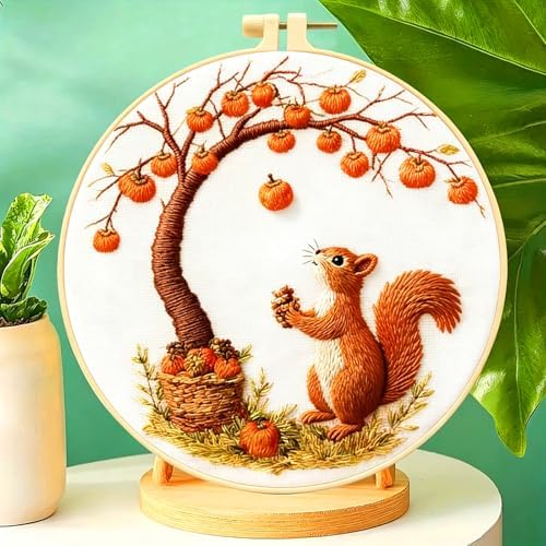 Zhenqing Squirrel Embroidery Kit for Beginners, Autumn Harvest Needlework Craft with Pre-Printed Cotton Fabric, Hoop, Threads & Tools, Woodland Fall Decor (C0219)