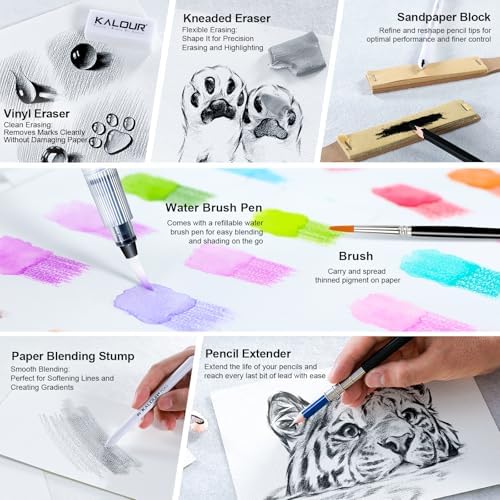 KALOUR PDAS 112 Drawing Set Sketching Kit, Pro Art Supplies with 3-Color Sketchbook & Coloring Book, Neon, Colored, Watercolor, Metallic, Graphite, Charcoal Pencils, Gift for Artists Adults Teens