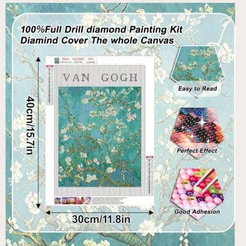 VeGuude Diamond Art Kits for Adults, Full Drill Van Gogh Almond Blossom Diamond Painting Kits for Beginners, DIY Full Rhinestone 5D Diamond dots (Gemstone Craft), Home Wall Decoration (12x16 inch)
