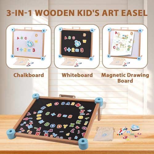 Wooden Kids Art Easel, Double-Sided Tabletop Easel for Painting with Magnetic Letters Numbers, Magnetic Drawing Board for Toddlers for Boys and Girls 3+