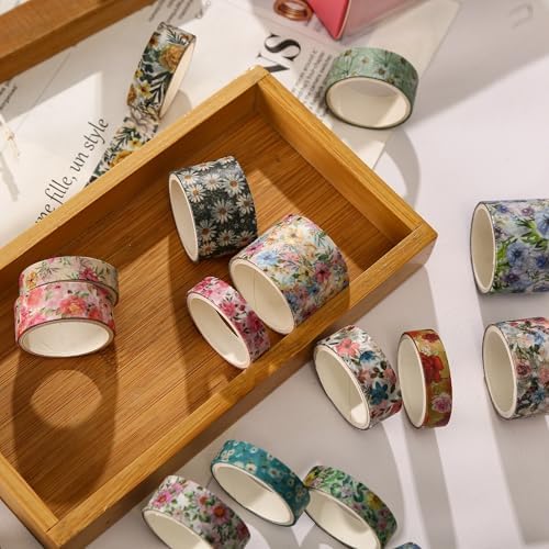 Floral Washi Tape Set - 15 Rolls Flowers Arts Adhesive Tapes Garden Blooms Decorative Masking Tape Sets for Craft, Kids, Scrapbook, DIY, Gift Wrloapping (2-Midnight Bloom)