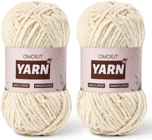 2 Packs Plush Chenille Chunky Crochet Yarn - Baby Yarn for Crocheting Soft - Velvet Yarns Knitting for Blankets Crafts - Fluffy Amigurumi Yarns 100g/131yds (2 Beige)