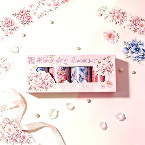4 Rolls Floral PET Washi Tape Set,PET Tape Stickers for Journaling Kit