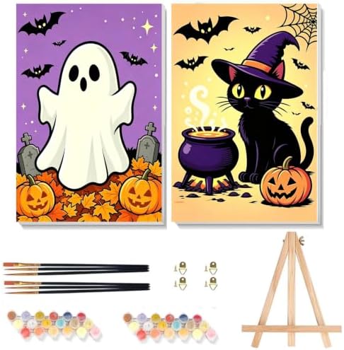 2 Pack Halloween Paint by Numbers Kit for Kids with Frame & Easel 8x12 Inch