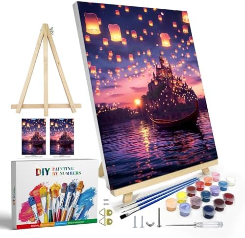 JOOZ Paint by Numbers Kit for Adults with Frame, Castle Paint by Number with Easel, DIY Sunset Boat Easy Paint by Numbers Landscape for Home Wall Decor 8 x 12 Inch