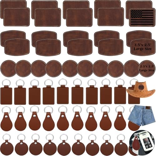 60 Pcs Lasable Engravable Blanks - Leatherette Iron on Hat Patches & PU Leather Key Fob Kit for DIY Custom Laser Engraving Craft Gifts