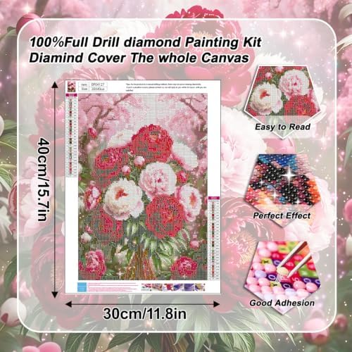 VeGuude Diamond Art Flowers Kits for Adults, Full Drill Peony Flowers Diamond Painting Kits for Beginners, DIY Full Rhinestone 5D Diamond dots (Gemstone Craft), Home Wall Decoration (12x16 inch)