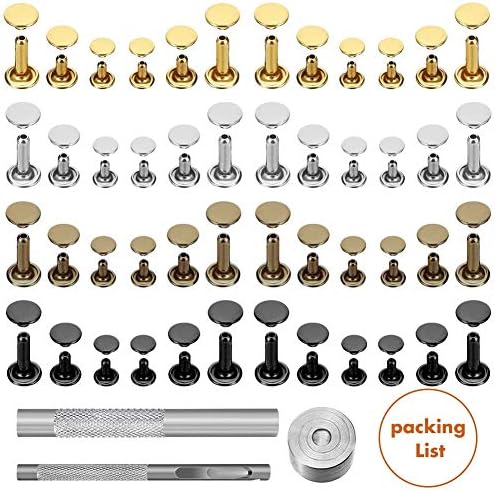 Selizo 480 Sets Small Double Cap Leather Rivets 4 Colors 3 Sizes (Cap Diameter: 6mm/8mm/8mm) Tubular Metal Studs with 3 Pieces Setting Tool Kit for Leather Craft Repairs Decoration