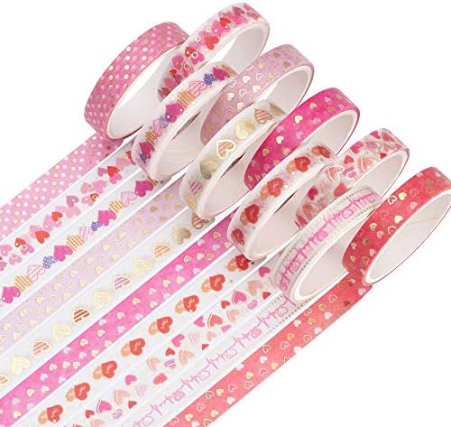 YUBBAEX 10 Rolls Sparkling Washi Tape Set 8mm Skinny Gold Foil Decorative Masking Washi Tapes for Journal,Scrapbook, Planner, DIY Crafts (Sweety Hearts)