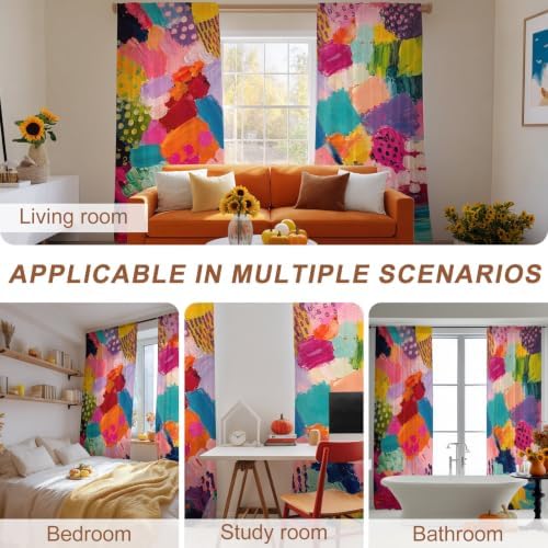 Colorful Art Sheer Curtains 84 Inch Length 2 Panels for Living Room, Geometric Modern Abstract Oil Painting Voile Kitchen Curtain Set, Luxury Privacy Drapes Window Treatment for Bedroom
