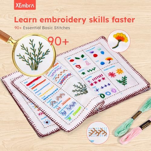 XEmbro Embroidery Stitch Book Kit for Beginners and Sewing Lovers, Portable Embroidery Book Kit with Water-Soluble Pre-Printed Fabric, Square Embroidery Hoop, and Sewing Tool