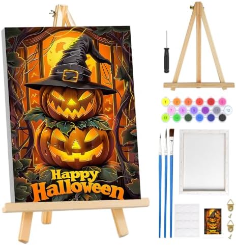 MOGTAA Halloween Paint by Numbers Kit for Adults Beginners with Frame, Pumpkin Adult Paint by Number Kits on Canvas with Easel, Easy DIY Landscape Oil Painting Kits for Home Decor, 8x12in