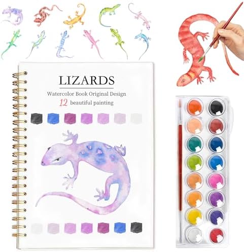 Easy Watercolor Workbook for Beginners - 12 Beautiful Step-by-Step Paintings Water Coloring Book, Includes 16 Colors Paints, Relaxing Art Projects and Creative Gift for Adults & Teen (Lizards)