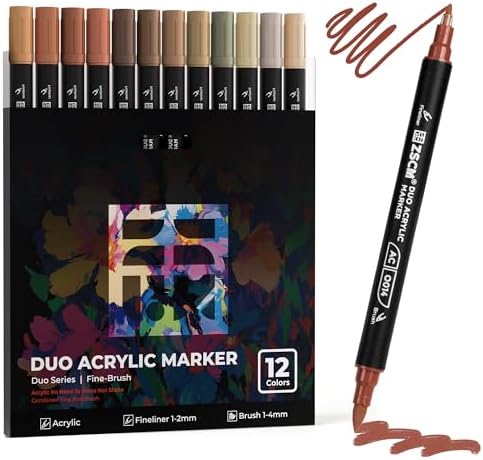 ZSCM 12 Brown Acrylic Paint Markers, Dual Fine & Brush Tip Acrylic Pens