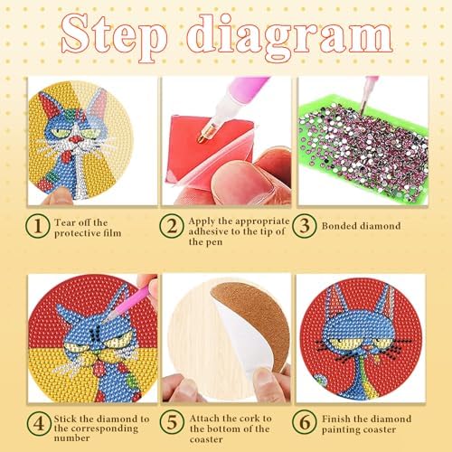 DOTSOPS 8 PCS Cat Diamond Art Coasters Kits for with Holder Beginners 4 in