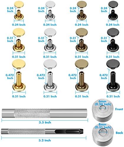 Paxcoo 480 Sets 3 Sizes Leather Rivets Double Cap Rivet Tubular Metal Studs with 3 Pieces Setting Tool Kit for Leather Craft Repairs Decoration, 4 Colors