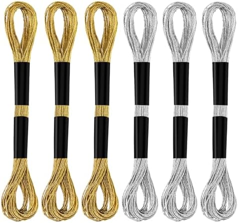 6 Skeins Embroidery Threads, Metallic Embroidery Floss (Gold + Silver)