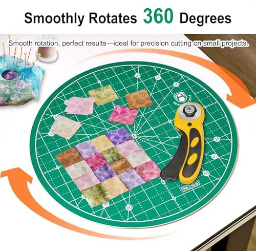 Headley Tools 10"x10" Round Rotating Cutting Mat, Self Healing Mat with 360-Degree Rotation & Anti-Slip Base, Sewing Board Cutting Mat Perfect for Fabric Quilting Leather Hobby Project, Green