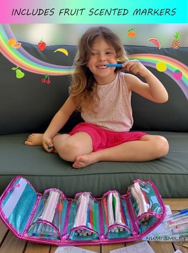 Unicorn Pencil Case Kids Art Set With Fruit Scented Markers, Unicorn Gifts For Girls, Art Supplies For Kids, Birthday Gifts For Little Girls Age 3 4 5 6 7 8 Years Old, Washable Coloring Set Craft Kit