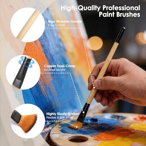 33Pcs Professional Paint Brush Set Flat Filbert Fan Art Brushes | Works for acrylic, oil, watercolor painting, comes with palette knife, ideal art supplies for artists, beginners & students