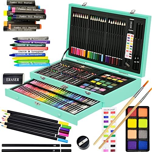 Sunnyglade 145 Piece Deluxe Art Set Wooden Art Box & Drawing Kit Green