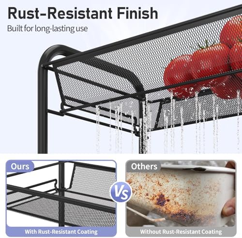 TOOLF 4-Tier Rolling Cart, Metal Utility Cart with 3 Hooks, Easy Assemble Mobile Storage Trolley On Wheels, Metal Shelving Units Kitchen Bathroom Laundry Room