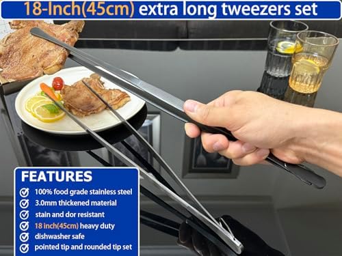 JETKONG 2 Pcs 18 Inch (45cm) Stainless Steel Grill Tongs Heavy Duty Giant Tweezer Tongs, Extra Large Tweezers Tools for Cooking, Grilling, BBQ and Turning Food (Black)