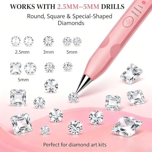 MKLAYB Electric Diamond Drawing Pen Kit, 3 Adjustable Suction Modes Rechargeable Vacuum Diamond Art Diamond Pen with 4 Replacement Heads, No Wax Required 5D Diamond Drawing Tool Accessories (Pink)