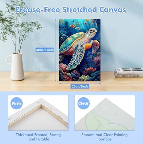 Bowetile Framed Paint by Numbers Sea Turtle for Adults Beginners, Adults' Paint-by-Number Kits, Easy Adult Paint by Number Kits on Canvas, Acrylic Animals Number Painting for Home Decor, 8x12in